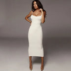 Scoop Neck Contrast Trim Spaghetti Strap Ribbed Knit Bodycon Midi Dress