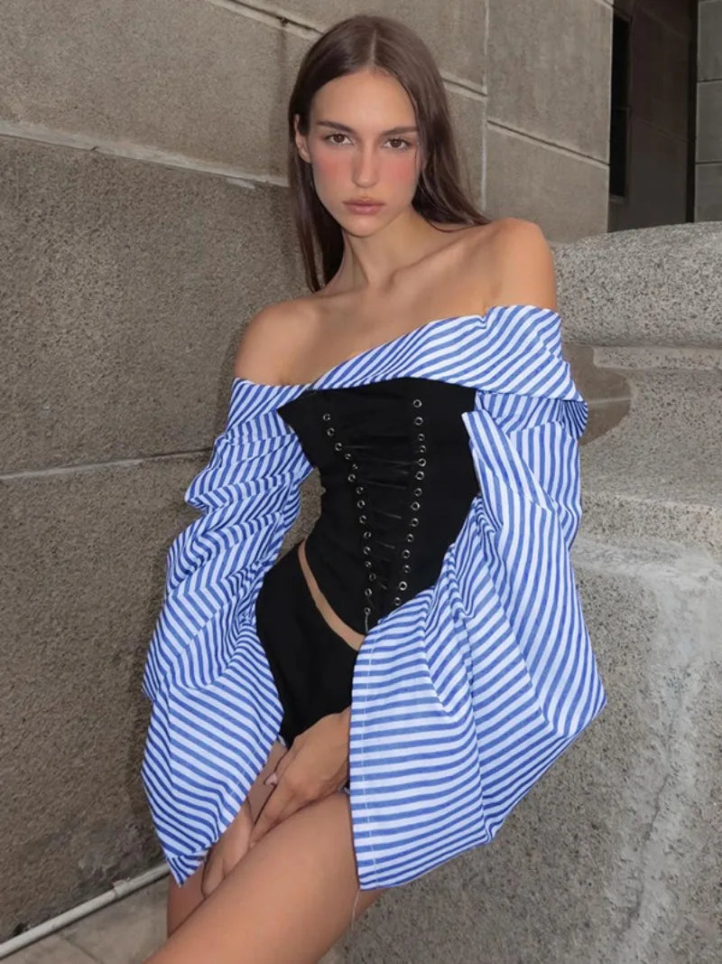 Fashion Chic Women Long Sleeve Striped Long Sleeve Corset Shirts + Shorts 2 Piece Sets High Street Tunics Bandage Female Suit