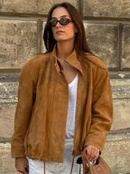 Casual Long Sleeve Stand Collar Female Coats Vintage Suede Zipper Jacket for Women Autumn New Lady Pockets Outerwear Street