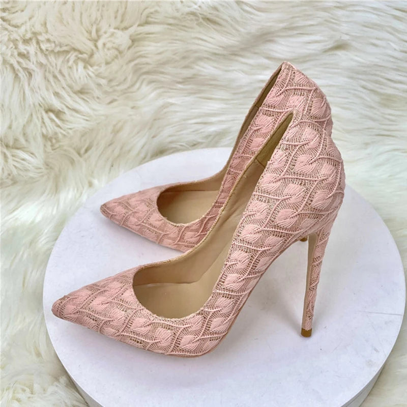 Pink Lace Fabric Pointy Toe High Heel Wedding Bridemaids Shoes