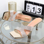 Open Toe Rhinestone Drag Slippers with Thin Heels