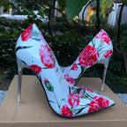 11cm Metal High Heel Women Floral Pointy Toe Stilettos Shoes for Summer