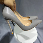 Grey Leather Soft Female Stiletto High Heel Shoes 10Cm Pointy Toe