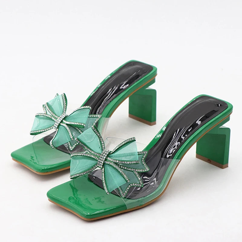Green Transparent Low Square Heel Women's Slippers
