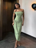 Off Shoulder Ruched Bodycon High Split Midi Dress