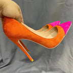 Orange Purple Patchwork Women Flock Pointy Toe High Heel Shoes