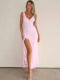 Deep V-Neck Ruffle Trim High Slit Tank Maxi Dress
