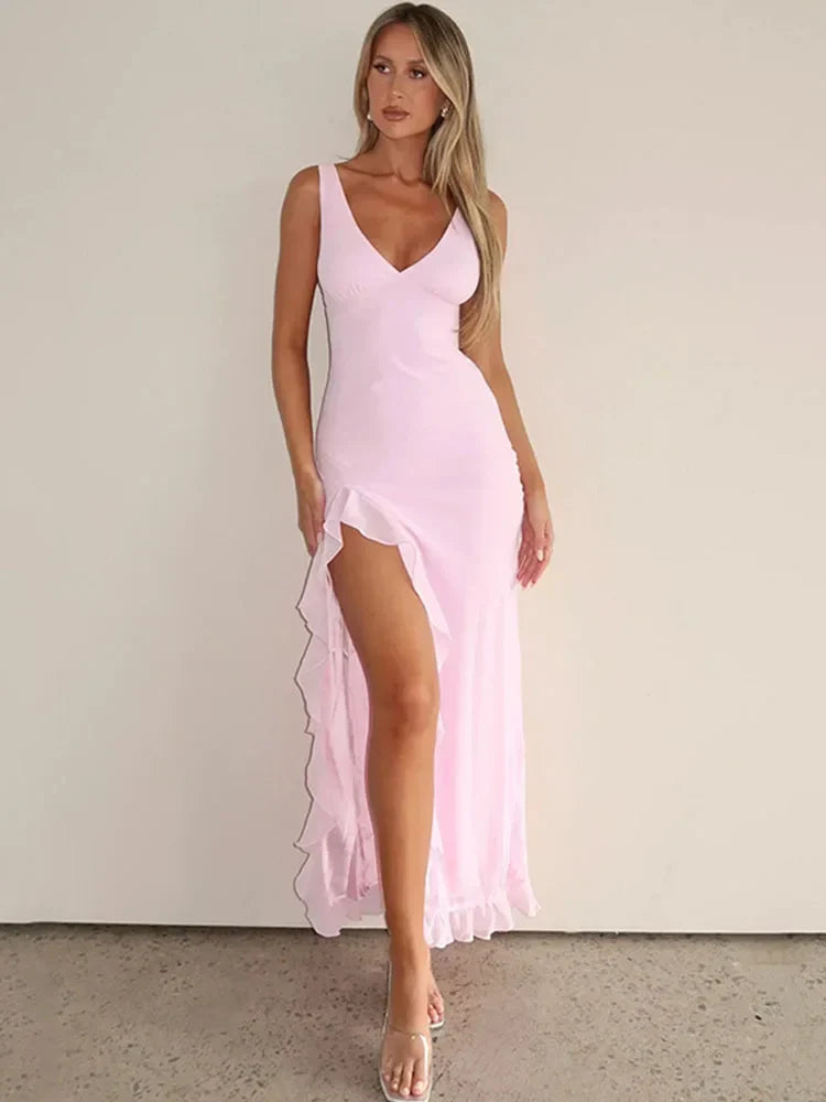 Deep V-Neck Ruffle Trim High Slit Tank Maxi Dress