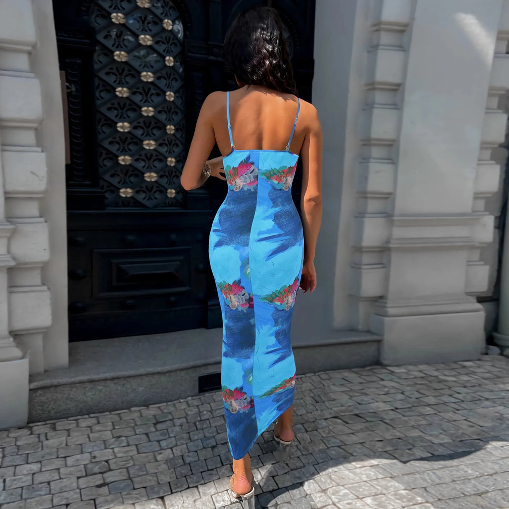 Spaghetti Strap Scoop Neck Abstract Floral Print Side Ruched Bodycon Midi Dress