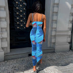 Spaghetti Strap Scoop Neck Abstract Floral Print Side Ruched Bodycon Midi Dress