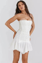 Strapless Lace-Up Backless Patchwork Mini Dress - Patchwork Mini Dress