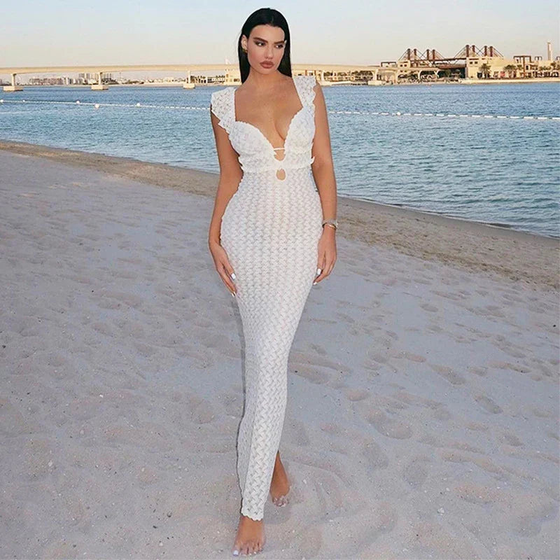 Textured Ruffle Strap Deep V-Neck Cut Out Bodycon Maxi Dress