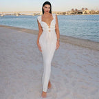 Textured Ruffle Strap Deep V-Neck Cut Out Bodycon Maxi Dress