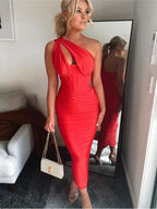 One Shoulder Corset Bodice Ruched Bodycon Midi Dress