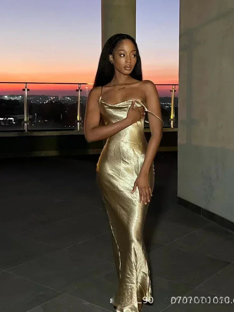 Satin Cowl Neck Spaghetti Strap Slip Maxi Gown