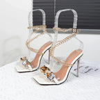 Plus Size Thin Heel High Heel Sandals with Metal Chain and Rhinestone Square Head
