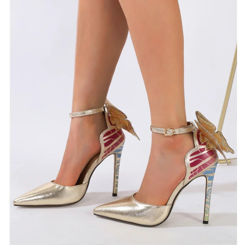 Butterfly Knot Pointed Toe Women Pumps Sandals with Buckle Strap Stiletto Heels