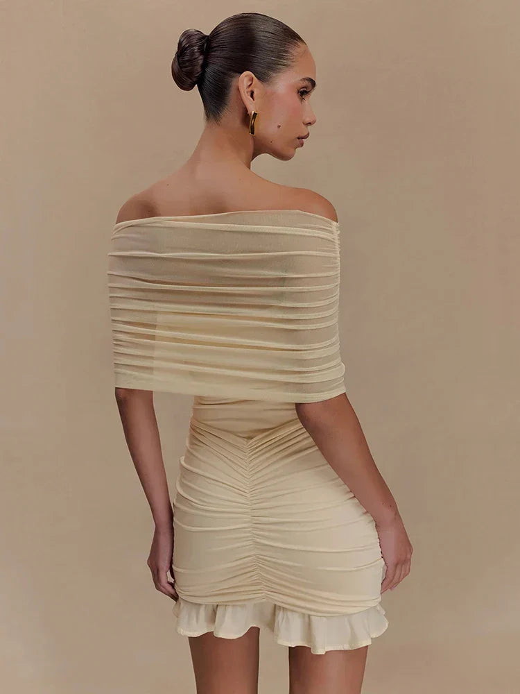 Off Shoulder Mesh Ruched Overlay Ruffle Hem Bodycon Mini Dress