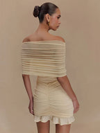 Off Shoulder Mesh Ruched Overlay Ruffle Hem Bodycon Mini Dress