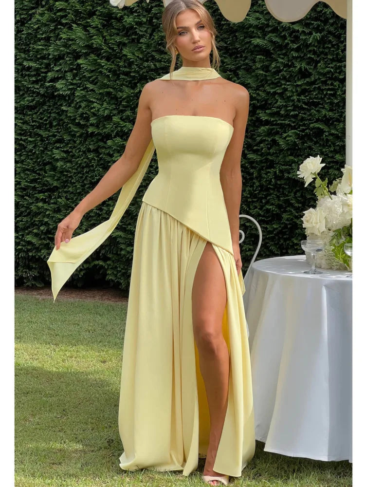 Strapless Asymmetric Hem Pleated Skirt Scarf Neck High Slit Maxi Gown