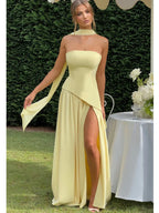 Strapless Asymmetric Hem Pleated Skirt Scarf Neck High Slit Maxi Gown