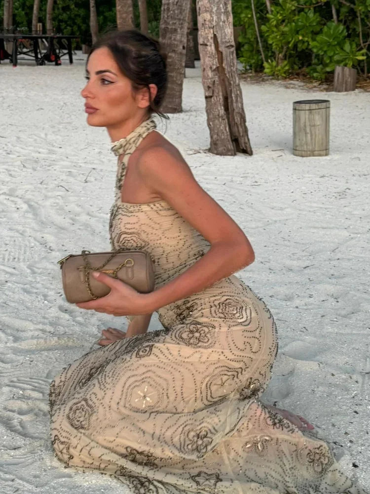 Strapless Embroidered Swirl Pattern Neck Scarf Column Maxi Dress