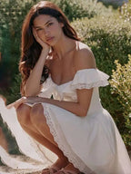 Off Shoulder Ruffle Lace Trim Bow Front Milkmaid Flared Mini Dress