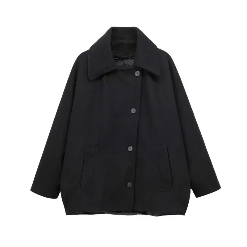 Diagonal Breasted Warm Loose Jacket Women Lapel Double Pocket Batwing Sleeve Solid Coats Winter Female Chic Vintage Outwear
