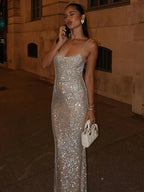 Sequin Scoop Neck Thin Strap Bodycon Maxi Dress