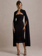 High Neck Cut Out Cape Sleeve Back Slit Bodycon Midi Dress