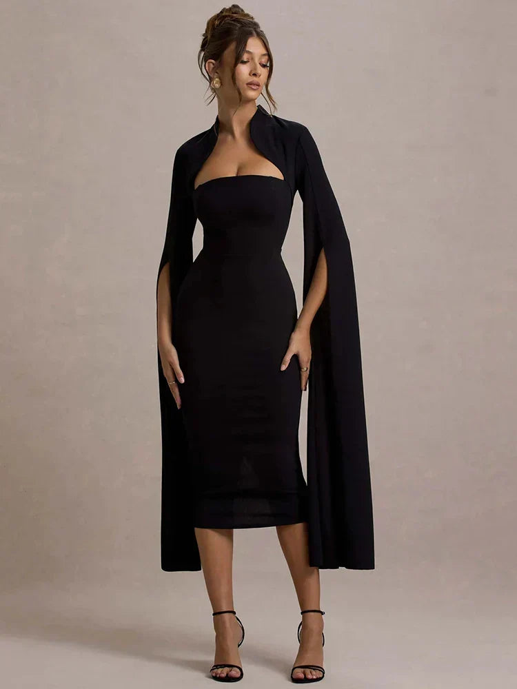 High Neck Cut Out Cape Sleeve Back Slit Bodycon Midi Dress