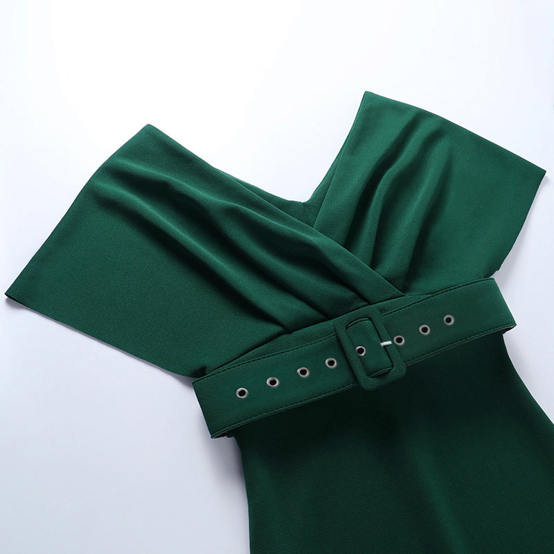 Off Shoulder Draped Cap Sleeve Wrap Belt Grommet Bodycon Midi Dress