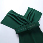 Off Shoulder Draped Cap Sleeve Wrap Belt Grommet Bodycon Midi Dress