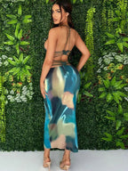 Marble Print Spaghetti Strap Deep V-Neck Bodycon Midi Dress