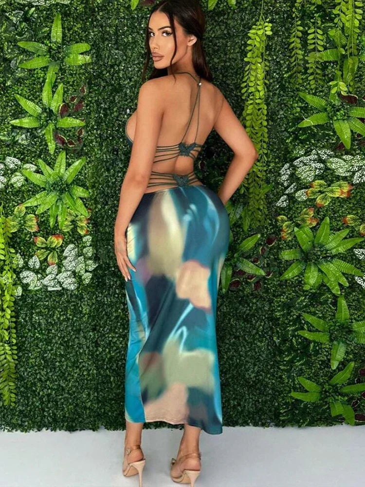 Marble Print Spaghetti Strap Deep V-Neck Bodycon Midi Dress