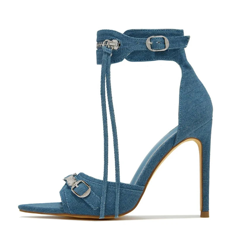 Summer Fashion Zip Tassel Women Sandals with Metal Rivet Buckle, Pointed Open Toe Stripper Heels