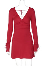 V-Neck High Waist Long Sleeve Mini Dress with Lace-Up Detail