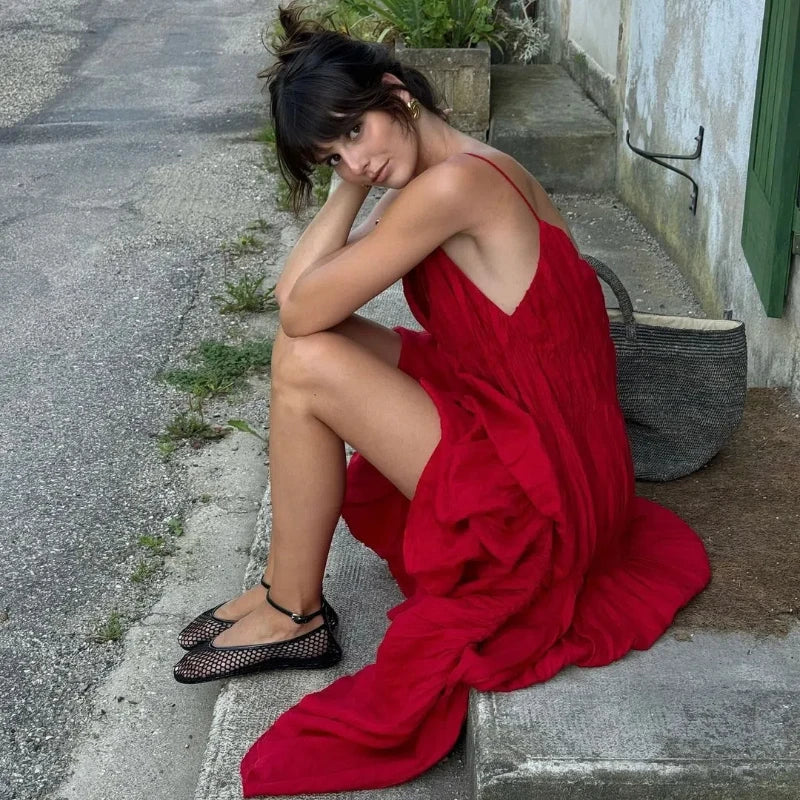 Pleated Deep V Neck Spaghetti Strap Tiered Maxi Dress