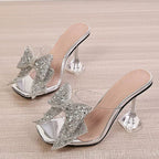 Silver Crystal Bowknot High Heel Transparent Slippers for Women Fashion