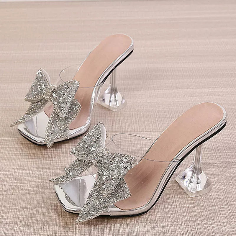 Silver Crystal Bowknot High Heel Transparent Slippers for Women Fashion