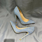Blue Plaid Pointy Toe High Heel Shoes for Women
