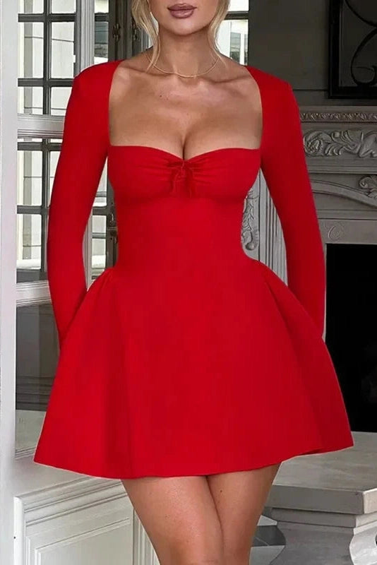 Pleated Long Sleeve A-Line Mini Dress with Square Neck