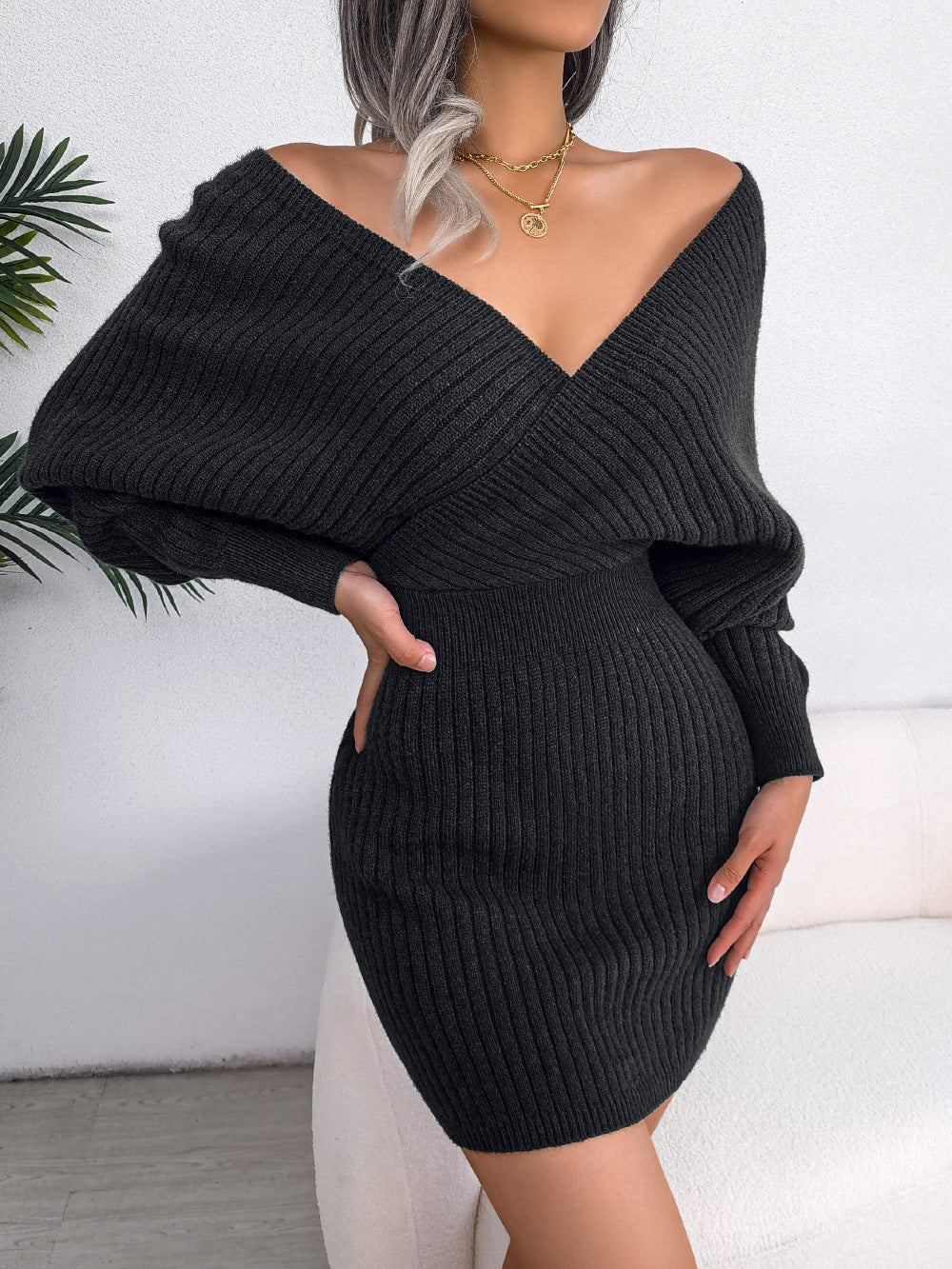 Rib Knit Off-Shoulder Surplice Dolman Sleeve Bodycon Mini Dress