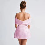 Off Shoulder Oversized Bow Jacquard Fit and Flare Mini Dress