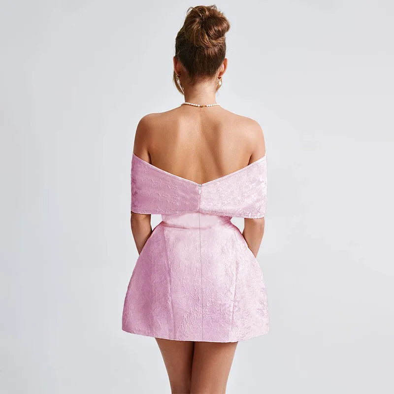 Off Shoulder Oversized Bow Jacquard Fit and Flare Mini Dress