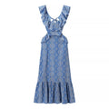Blue Hollow Out Embroidered Midi Dress Women Summer New V Neck Sleeveless Ruffle Long Dresses Elegant Fashion Holiday Vestidos