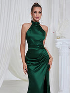 Giovanna Halter Satin Gown Dress with High Slit