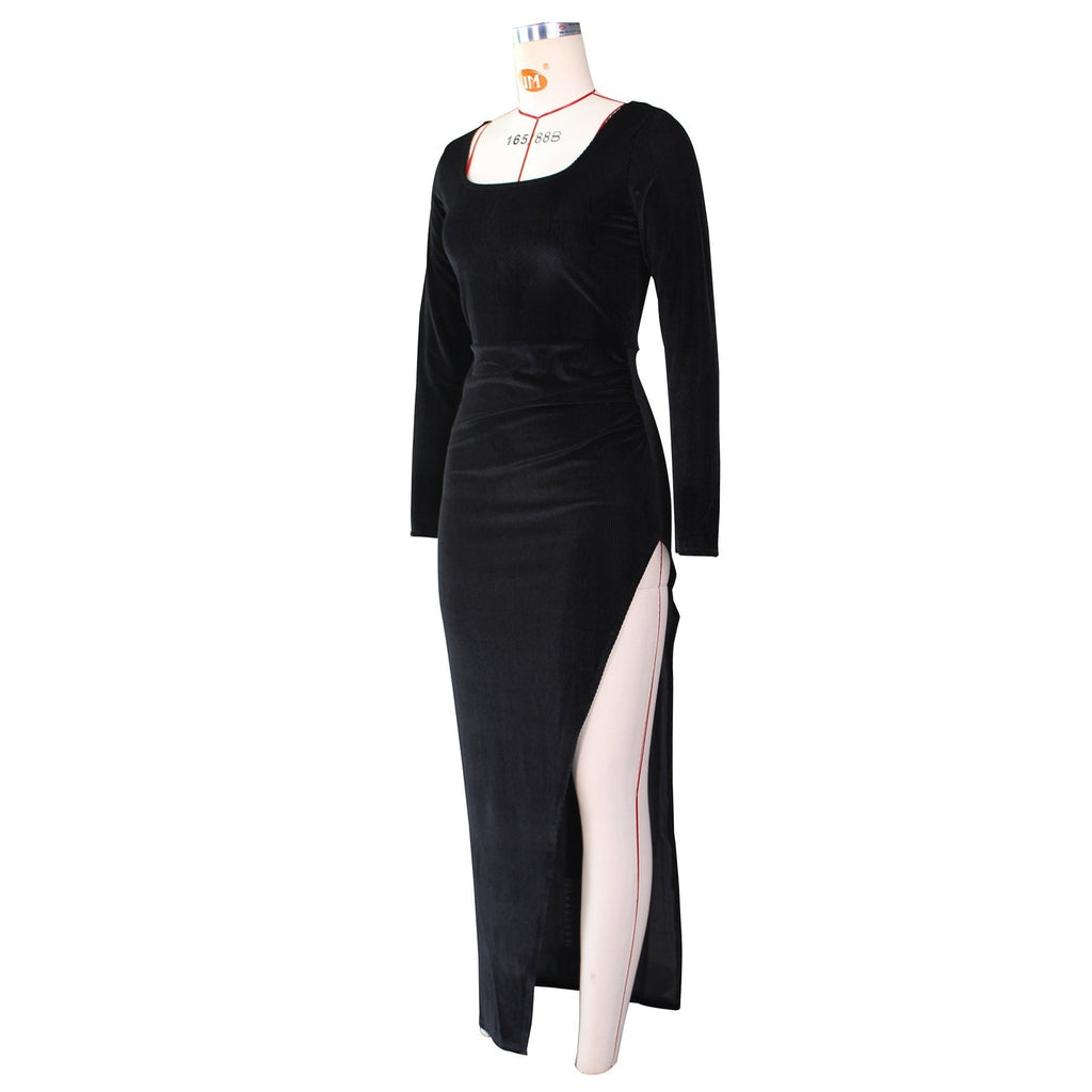 Square Neck Ruched Waist High Slit Long Sleeve Maxi Dress