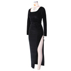 Square Neck Ruched Waist High Slit Long Sleeve Maxi Dress