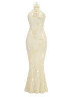 Ysabella Floral Applique Mesh Halter Gown